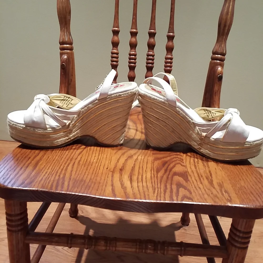 Nana White And Gold Wedge Heel Sandal With Wrap Around Ankle Strap 7